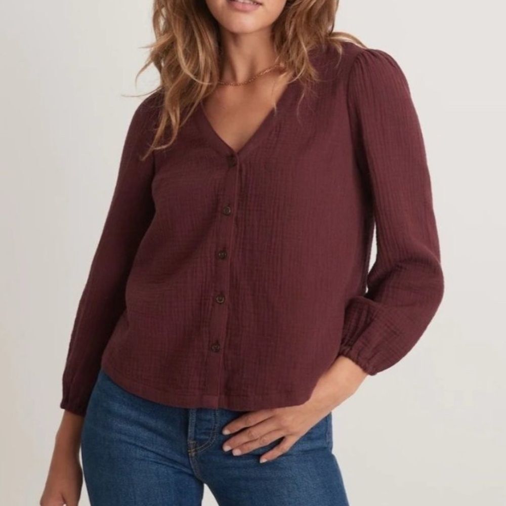 Marine Layer Colette Double Cloth Top Burgundy Crinkle Cotton Button Front XS